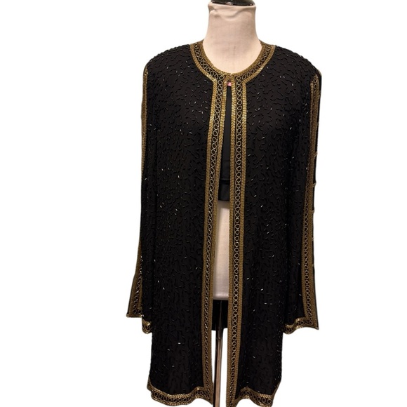 Elegant Judith Ann Creations Silk Black and Gold Embellished Jacket - Picture 3 of 16